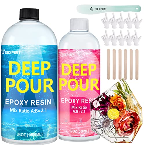 Teexpert Deep Pour Epoxy Resin, 51oz Epoxy Resin Kit for 2-4" Pour Depths, Crystal Clear & High Gloss, Bubble-Free Casting Resin for Flower Preservation, River Tables and Mold Crafts - 2:1 Mix Ratio - Image 1