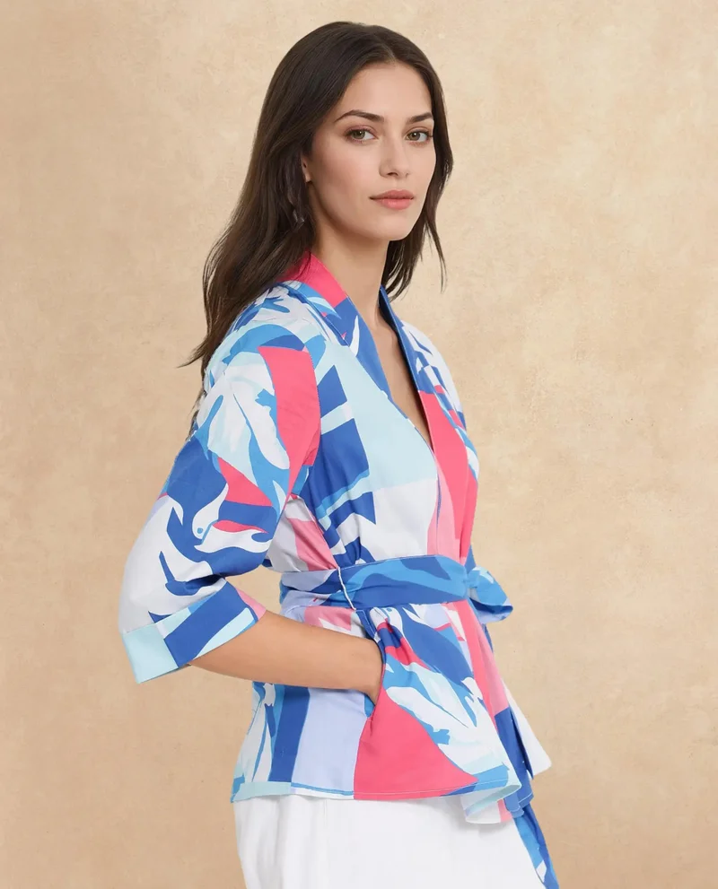 Rareism Women's Artistic Elegance: Abstract Print Wrap Top