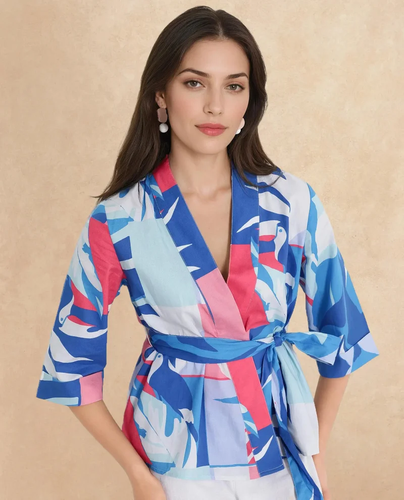 Rareism Women's Artistic Elegance: Abstract Print Wrap Top