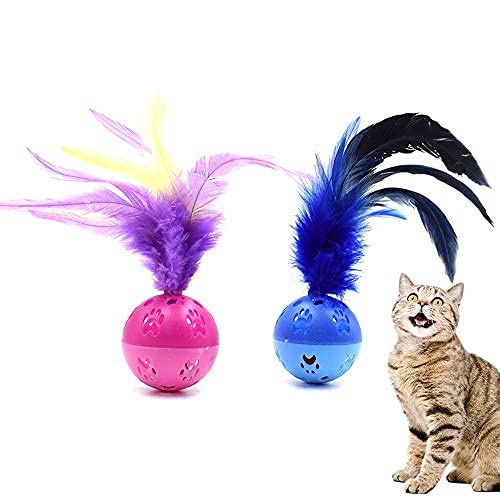 BeeSpring Cat Balls Interactive Cat Toy Feather Balls with Loud Bell Inside 2Pcs Red Blue - Image 1