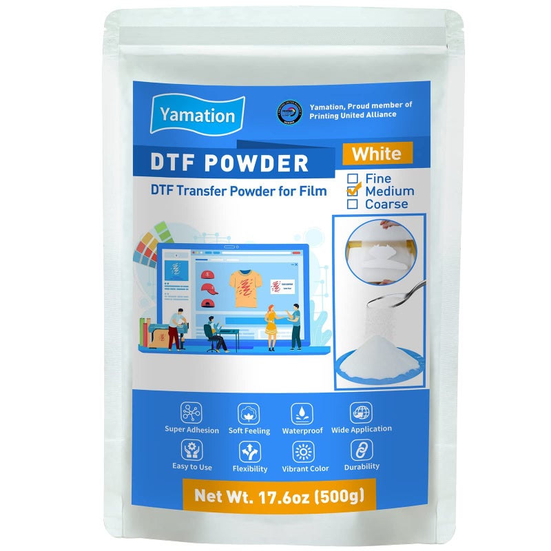 Yamation DTF Powder Adhesive White 500g  11lb DTF Transfer Powder Hot Melt Adhesive applies to All DTF Transfer Printers for Digital Prints on TShirts Textile DTF Supply with DTF PET Film and Ink