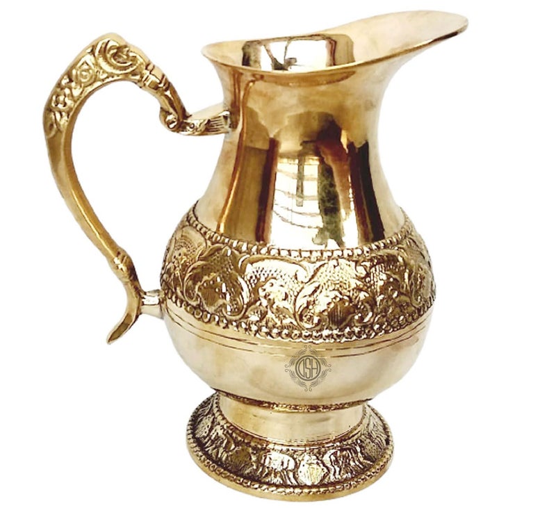 DSH Brass Jug/Pitcher Designer Handle Embossed Design Mughal Style for Serving Drinking Water, Home Decor Drinkware & Tableware (Emboss), Gold - Image 1