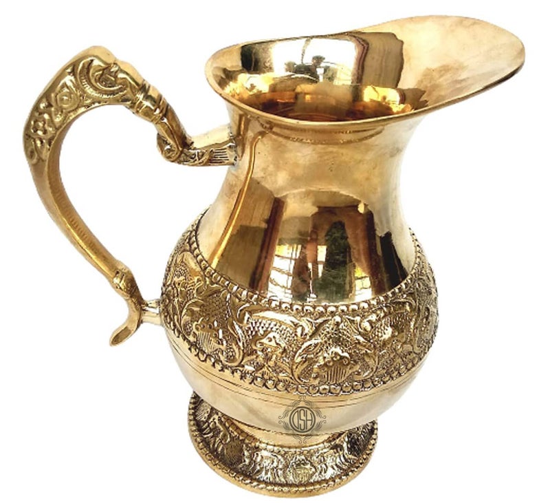 DSH Brass Jug/Pitcher Designer Handle Embossed Design Mughal Style for Serving Drinking Water, Home Decor Drinkware & Tableware (Emboss), Gold - Image 2