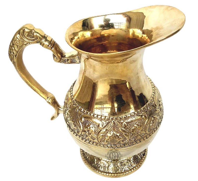 DSH Brass Jug/Pitcher Designer Handle Embossed Design Mughal Style for Serving Drinking Water, Home Decor Drinkware & Tableware (Emboss), Gold - Image 3