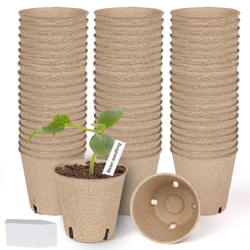 JNYONG 60 Packs 3.15 Inch Peat Pots,Biodegradable Pots for Seedlings with Drainage Holes, Garden Germination Nursery Pots with 50Pcs Plant Labels - Image 1