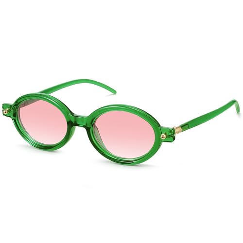 Fozono Retro Oval Sunglasses for Women,Trendy Small Narrow Vintage Round Shades UV400 Clear Green Frame/Orange Red Lens - Image 1