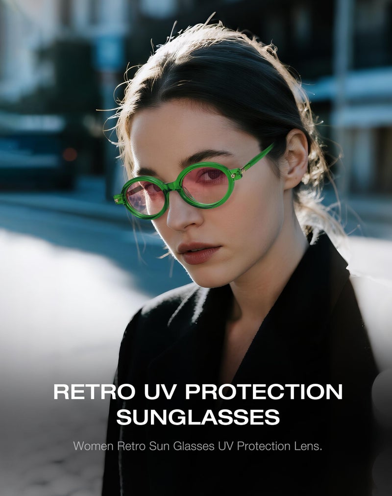 Fozono Retro Oval Sunglasses for Women,Trendy Small Narrow Vintage Round Shades UV400 Clear Green Frame/Orange Red Lens - Image 2