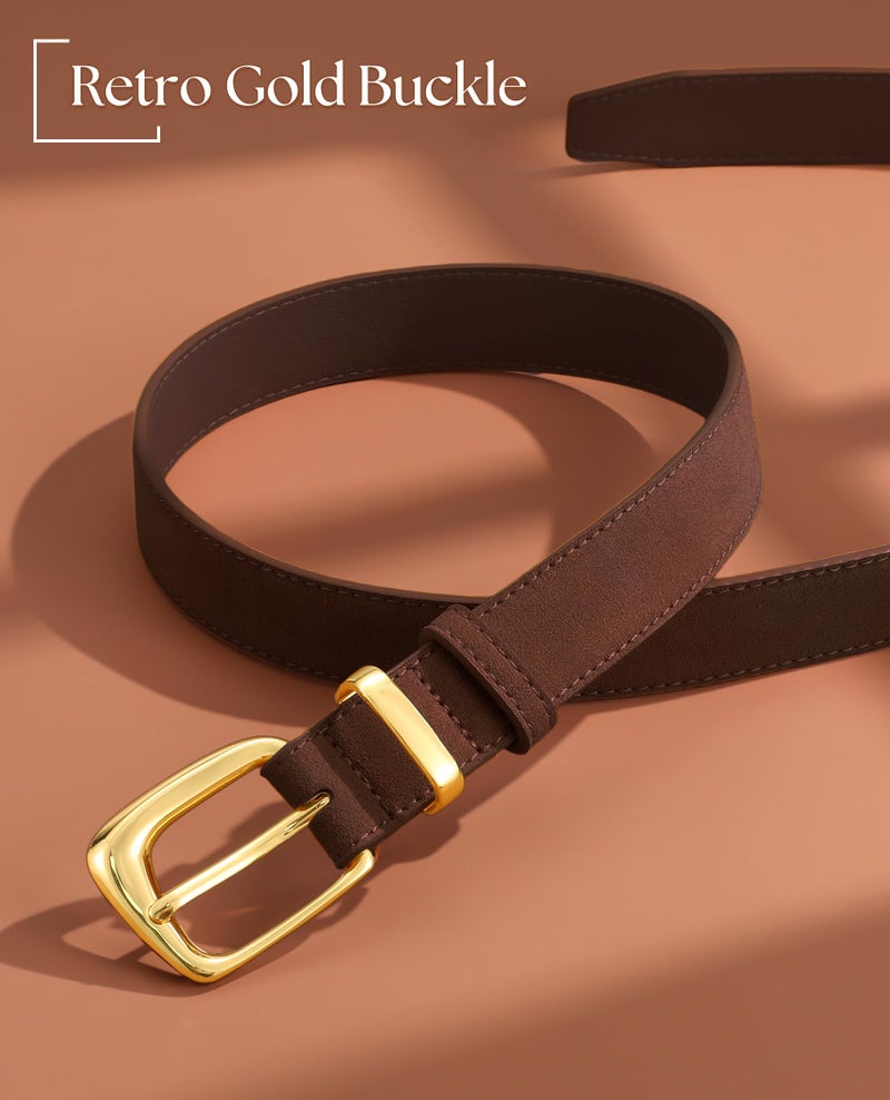SANSTHS Women Suede Leather Belt for Dresses Jeans Fashion Retro Gold Buckle Ladies Waist Belts,Coffee,S - Image 3