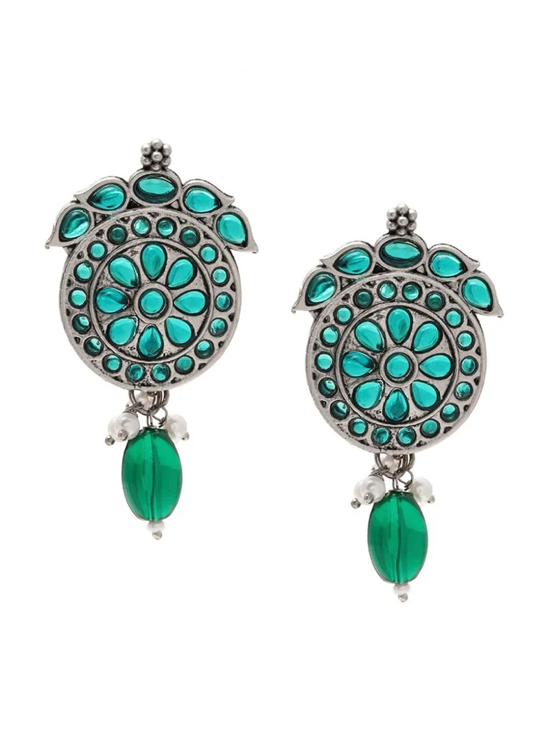 Priyaasi Oxidised Stone Studded Contemporary Drop Earrings