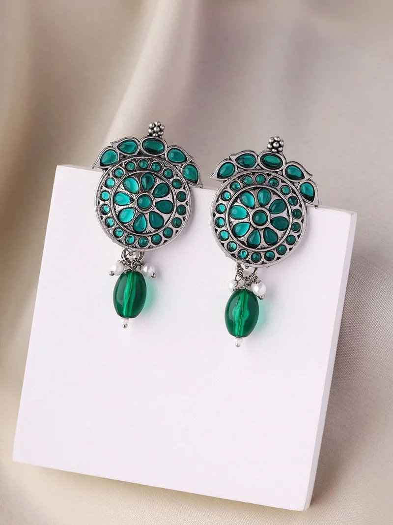 Priyaasi Oxidised Stone Studded Contemporary Drop Earrings