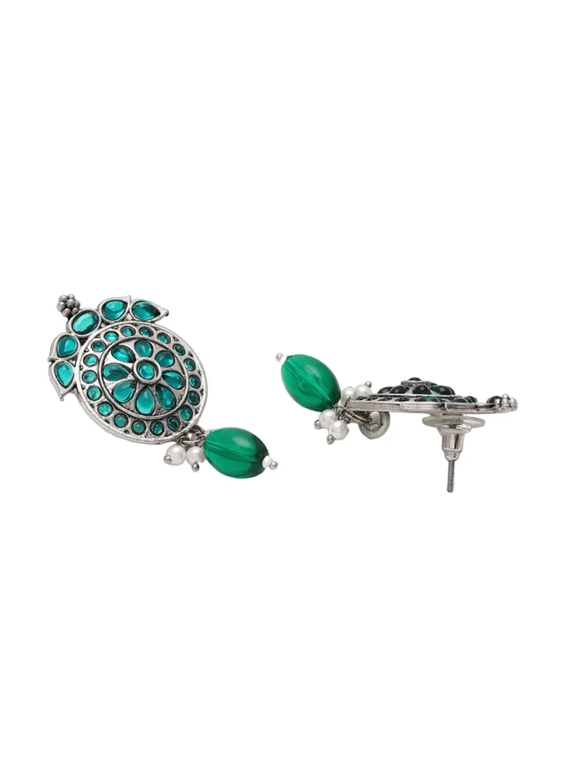 Priyaasi Oxidised Stone Studded Contemporary Drop Earrings