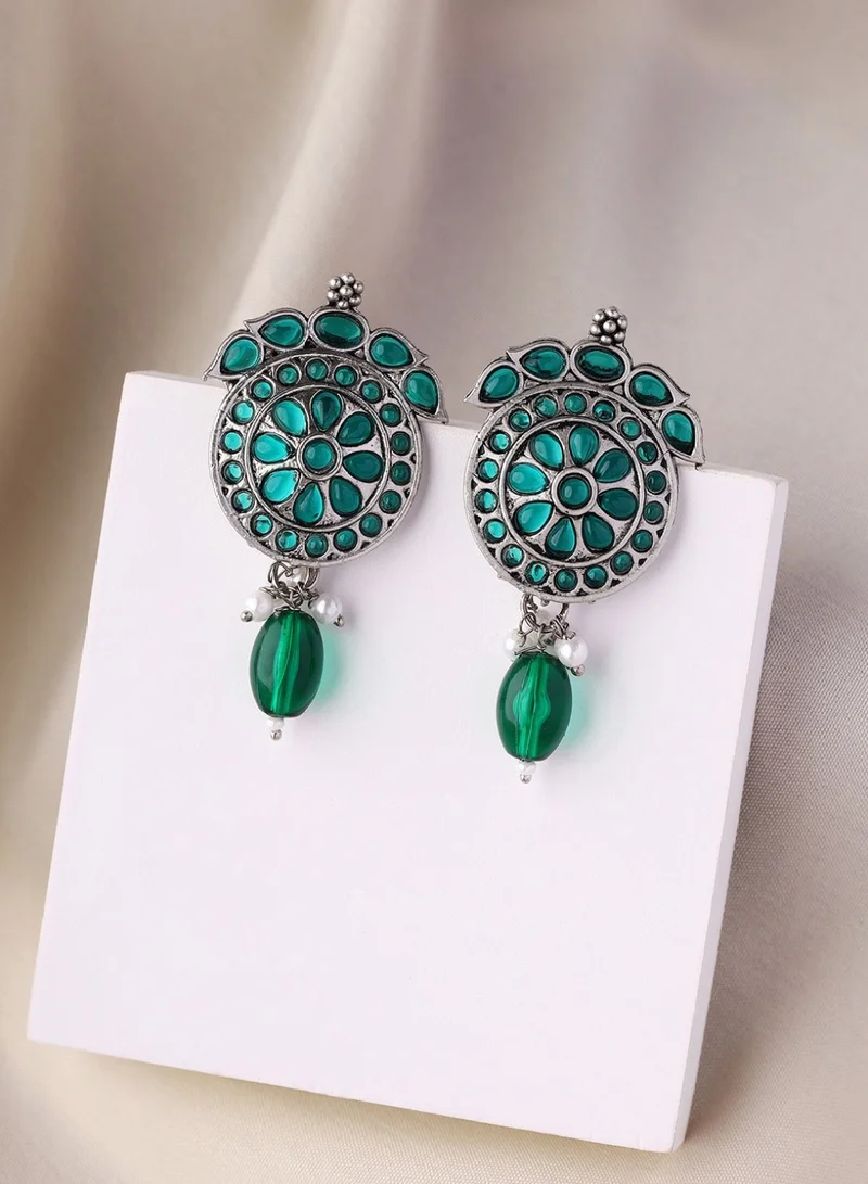 Priyaasi Oxidised Stone Studded Contemporary Drop Earrings