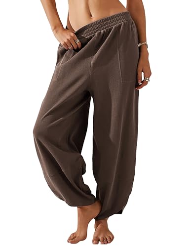 Himosyber Women Cotton Pants Wide Leg Pants Casual Loose Baggy Elastic Waist Beach Palazzo Harem Pants (Coffee-XS) - Image 1