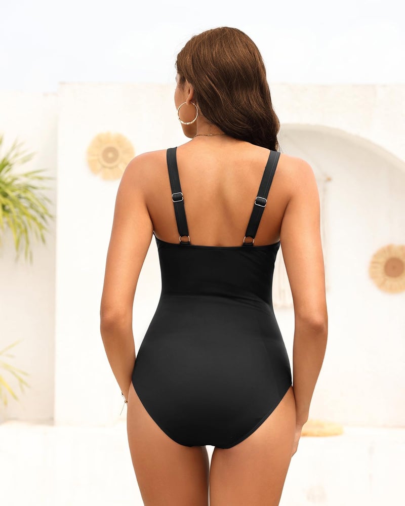 Tempt Me مايوه نسائي أسود مزين بتجاعيد لتقليل الوزن قطعة واحدة تحكم البطن بدلات سباحة عتيقة XXS - Image 2