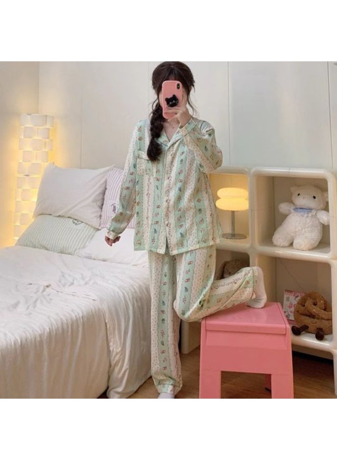 أنامي Anami Vintage Floral Patchwork Loungewear Set – Soft Mint Green Button-Down Pajama Set for Women (Top & Pants) / SleepWear / Loungewear/ Nightsuits - Image 3