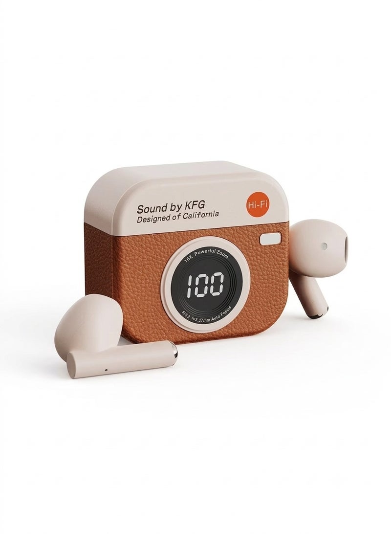 سماعات اذن بلوتوث KFG Q86 - سماعات اذن بلوتوث لاسلكية بتصميم كاميرا ريترو وصوت Hi-Fi ستيريو مع شاشة LED رقمية وعلبة شحن Type-C - Image 1