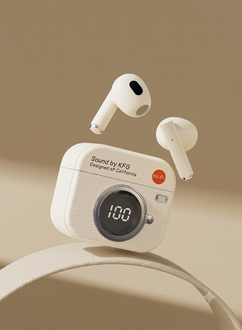 سماعات اذن بلوتوث KFG Q86 - سماعات اذن بلوتوث لاسلكية بتصميم كاميرا ريترو وصوت Hi-Fi ستيريو مع شاشة LED رقمية وعلبة شحن Type-C - Image 2