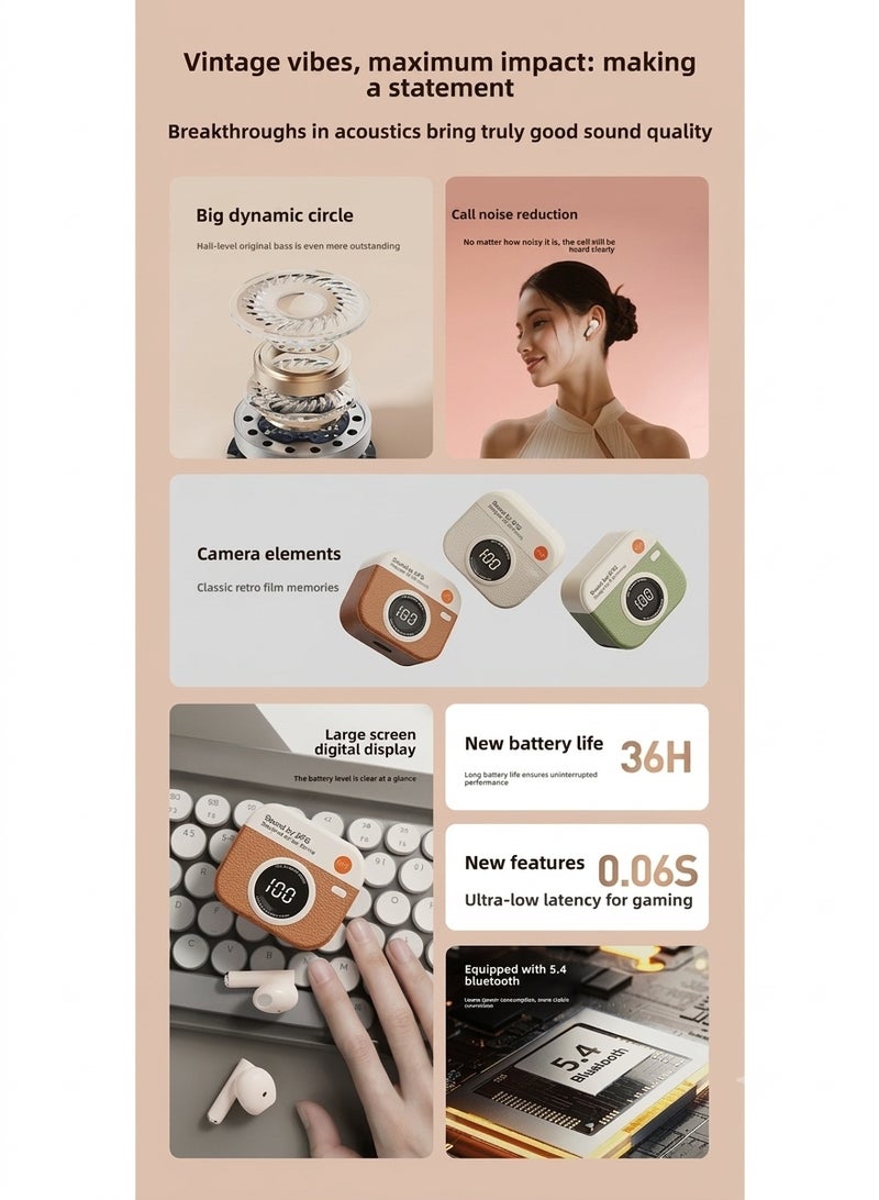 سماعات اذن بلوتوث KFG Q86 - سماعات اذن بلوتوث لاسلكية بتصميم كاميرا ريترو وصوت Hi-Fi ستيريو مع شاشة LED رقمية وعلبة شحن Type-C - Image 4