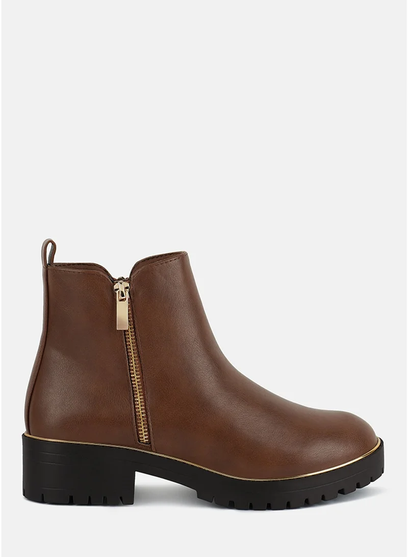 London Rag Women's Metallic Frame Block Heel Boots in Tan