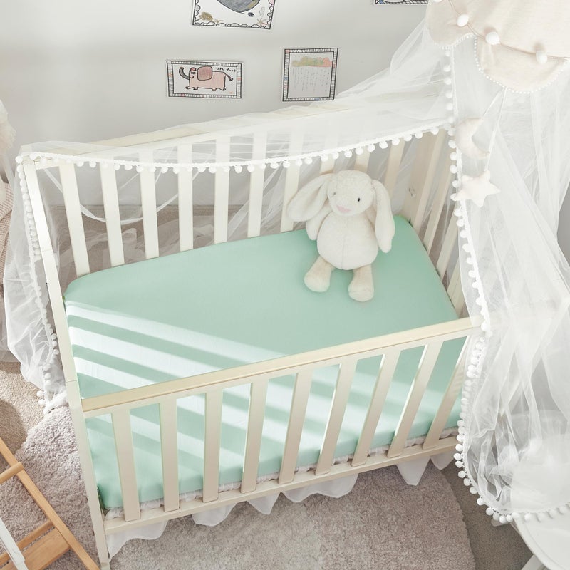 TILLYOU Mini Crib Fitted Sheets - Soft Knit Sheet for Pack N Play, Microfiber Mini Crib Sheets, Playpen Bedding Sheet for Baby 2 Pack, Machine Washable, 38'' x 24'', Light Green & Light Gray - Image 2