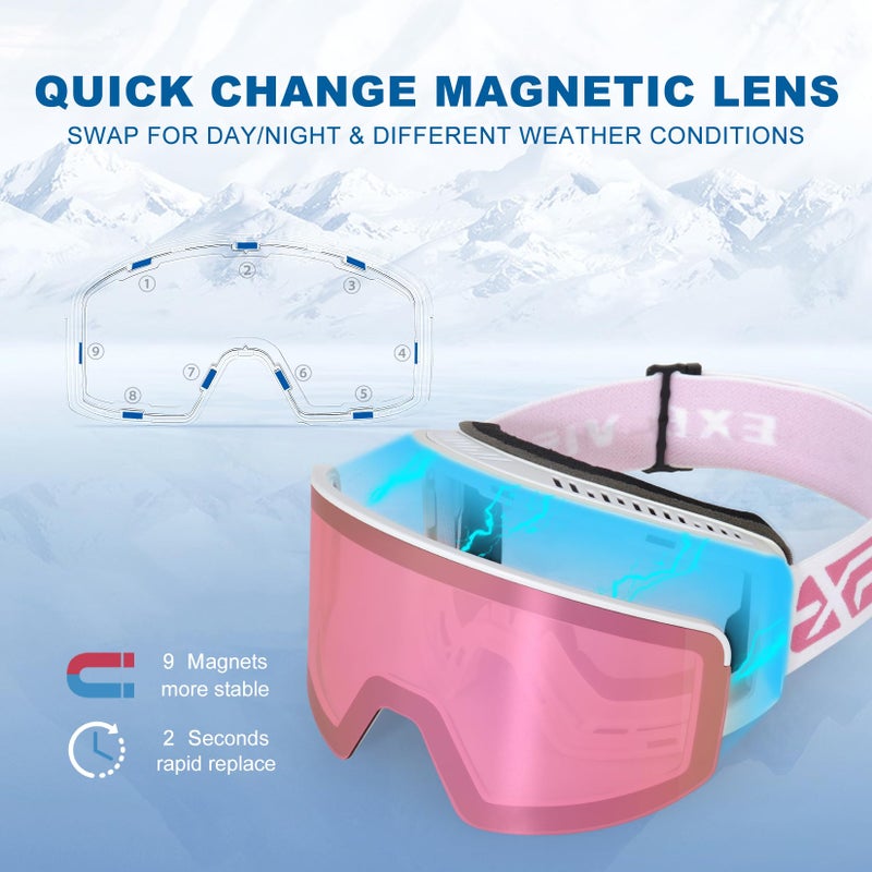EXP VISION Ski/Snowboard Goggles, Magnetic Lens Snow Goggles with Anti-Fog & UV400 Protection for Men & Women (White Frame-Cherry Pink) - Image 2