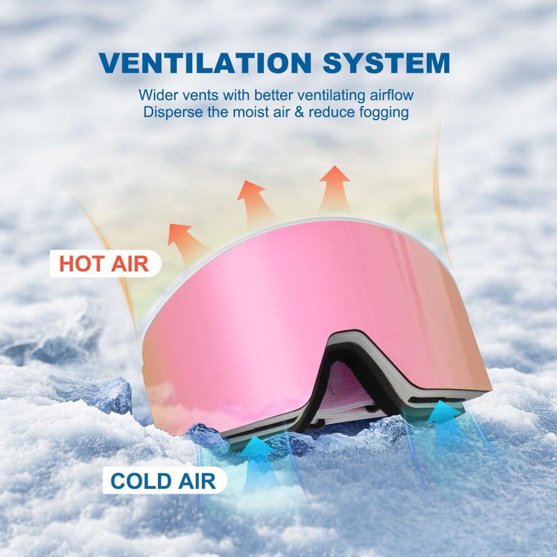 EXP VISION Ski/Snowboard Goggles, Magnetic Lens Snow Goggles with Anti-Fog & UV400 Protection for Men & Women (White Frame-Cherry Pink) - Image 4