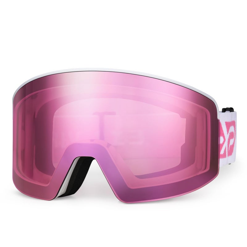 EXP VISION Ski/Snowboard Goggles, Magnetic Lens Snow Goggles with Anti-Fog & UV400 Protection for Men & Women (White Frame-Cherry Pink) - Image 1