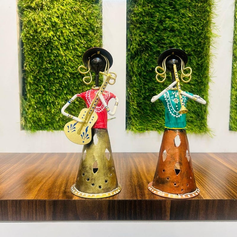 STREET CRAFT STREET CRAFT Metal Rajasthani Lady Playing Guitar Musicians Set of 2 Showpiece Table Decorative Items for Home Antique Gift Items Vintage Showpiece Home Decoration Items Each Size 3x9 Inch  - Image 1
