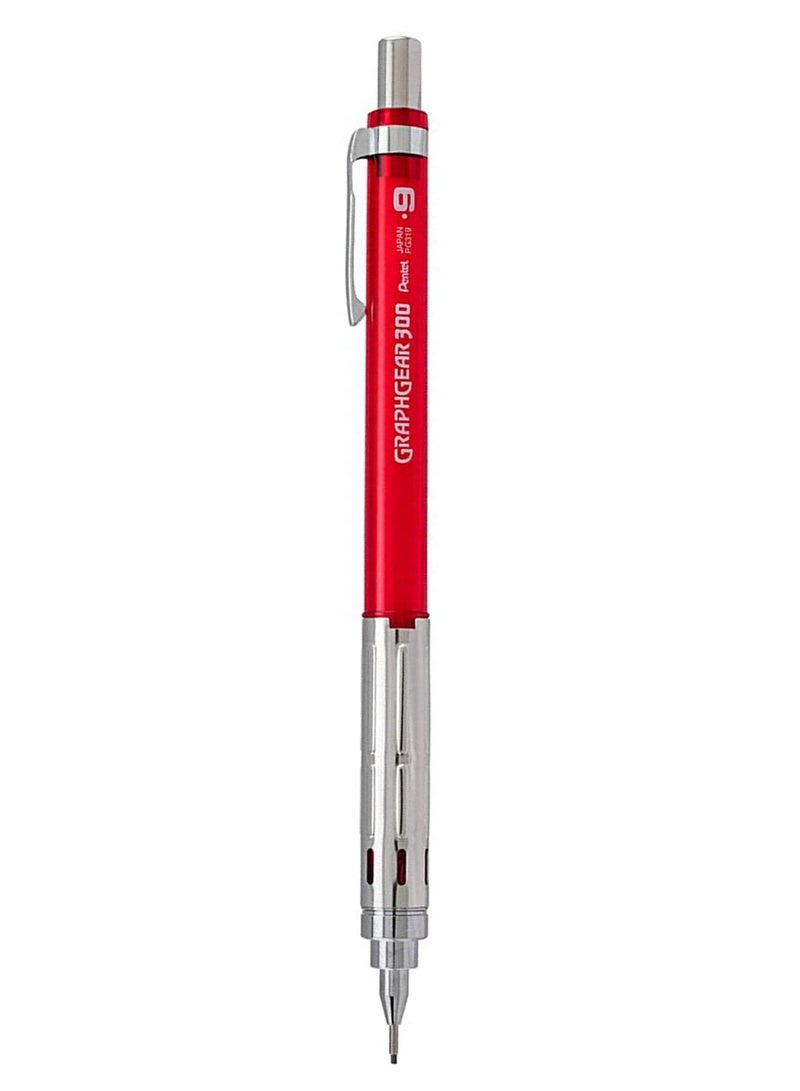 Pentel قلم رصاص ميكانيكي Graph Gear 300 برأس 0.9 مم، مكون من قطعة واحدة، أحمر - Image 1
