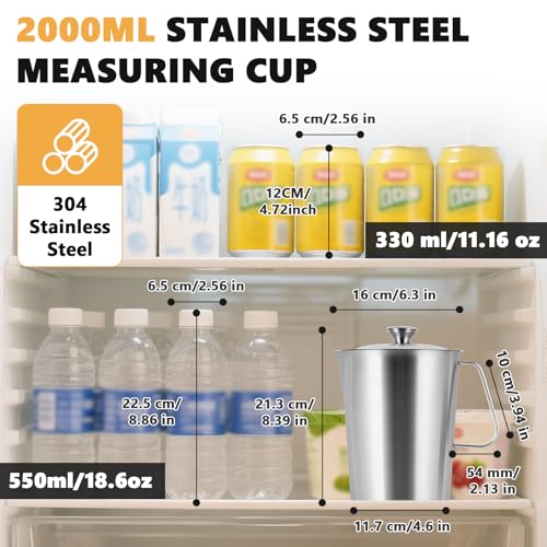 Consfly Stainless Steel Measuring Cup with Lid 2L 70 OZ, Large Mouth Graduated Beakers Metal Pitcher with Marking and Handle - Image 2