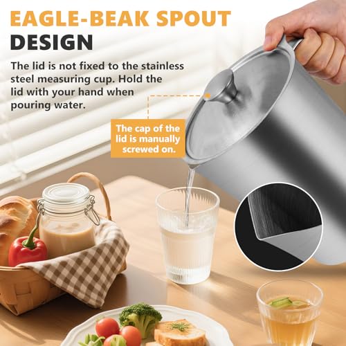Consfly Stainless Steel Measuring Cup with Lid 2L 70 OZ, Large Mouth Graduated Beakers Metal Pitcher with Marking and Handle - Image 5