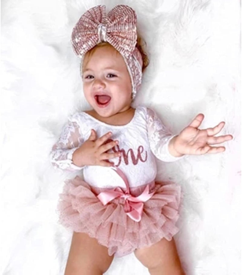 MaBaby Baby Girls My 1st Birthday Outfits Long Sleeve Floral Lace Romper + Tutu Skirt + Headband Set - Image 2