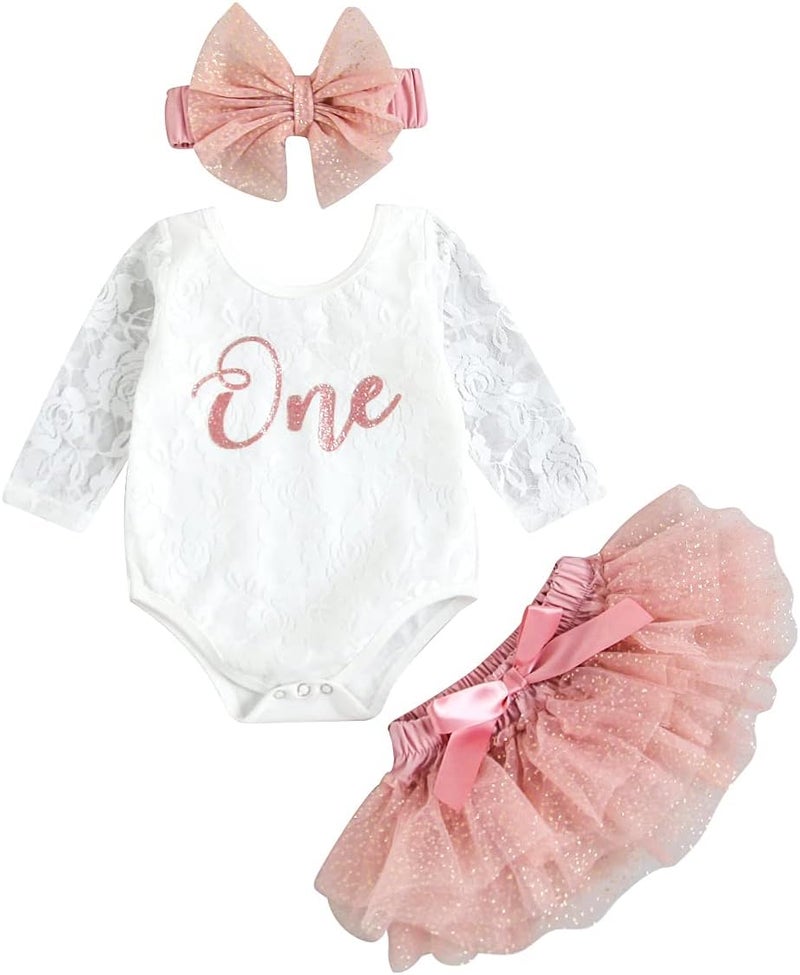 MaBaby Baby Girls My 1st Birthday Outfits Long Sleeve Floral Lace Romper + Tutu Skirt + Headband Set - Image 1