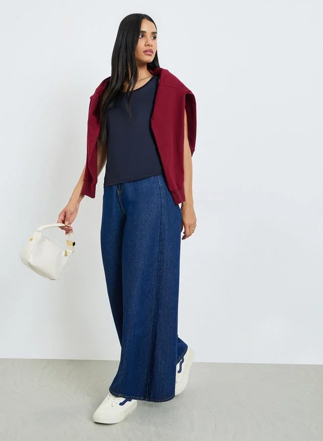 Styli Blue Solid Round Neck Cami Top