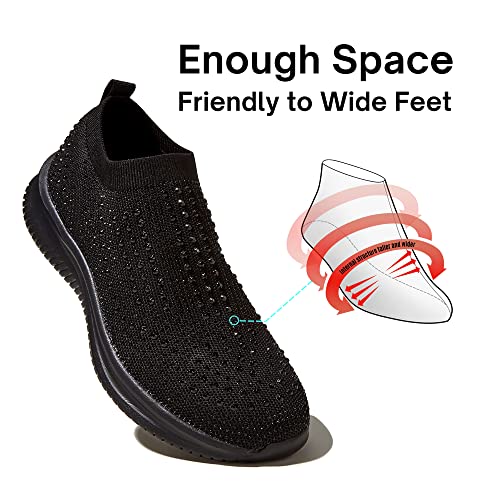 BELOS Women's Rhinestone Slip On Walking Shoes Breathable Mesh Knit Sock Shoes Fashion Comfortable Sparkly Sneaker(Black,11) - Image 5