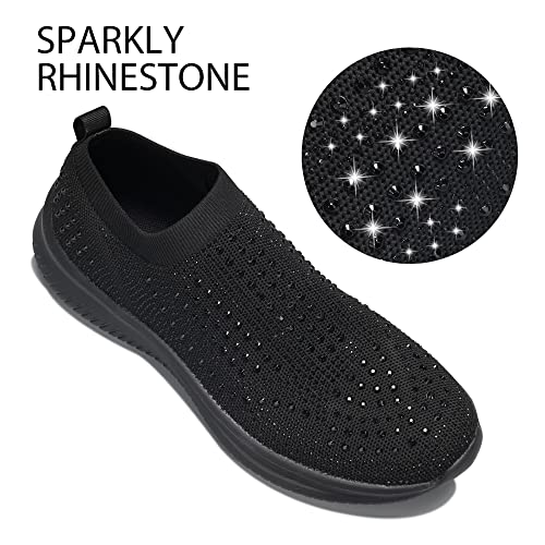 BELOS Women's Rhinestone Slip On Walking Shoes Breathable Mesh Knit Sock Shoes Fashion Comfortable Sparkly Sneaker(Black,11) - Image 3