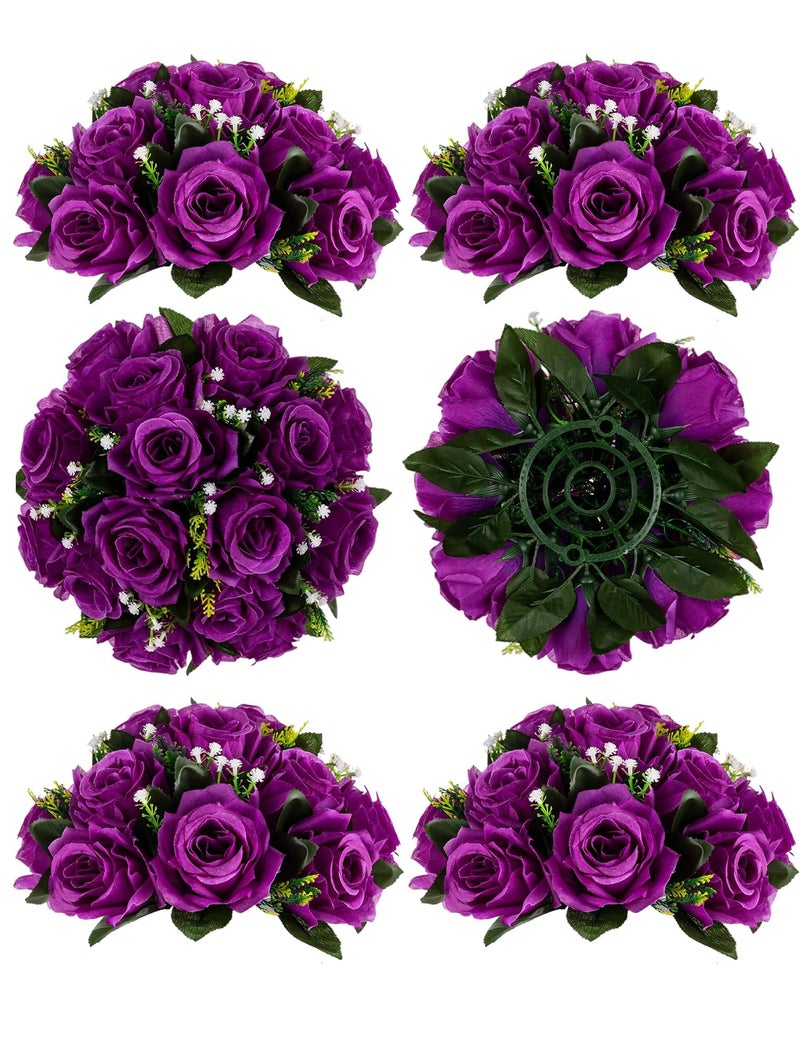 BLOSMON Flower Balls Wedding Rose Centerpieces 6 Pcs Purple Fake Flowers with Base Kissing Balls Decor Artificial Floral Arrangements Flower Bouquet of Roses Home Party Table DIY Decorations