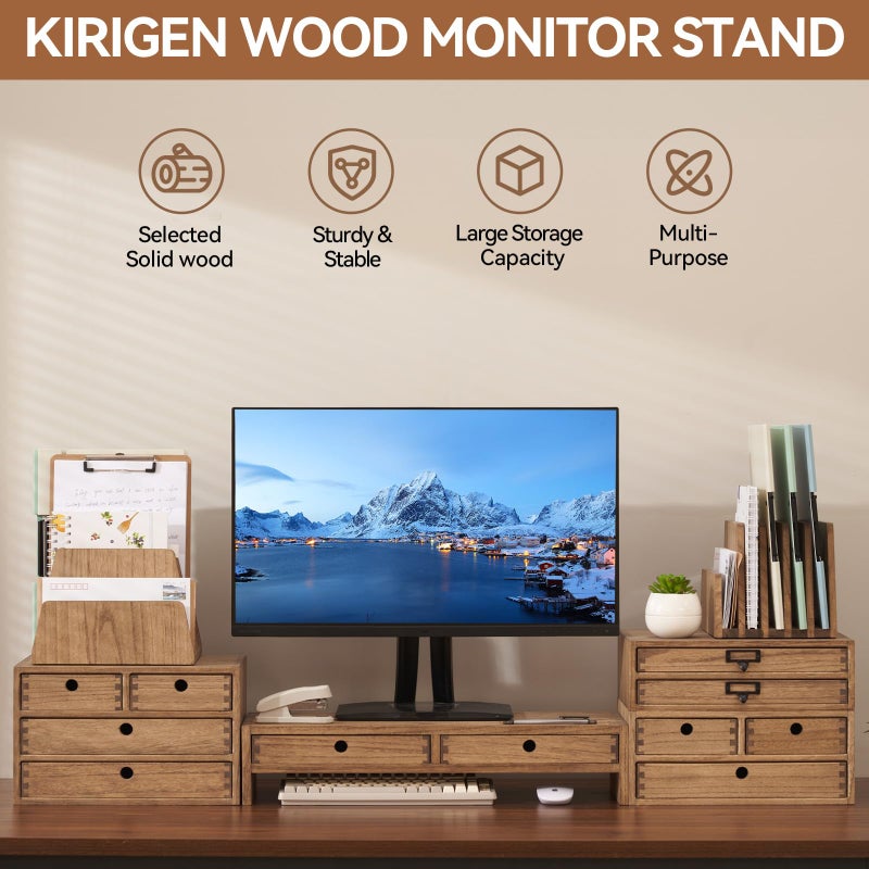 KIRIGEN Wood Monitor Stand with 2 Drawers - Computer Arm Riser Desk Storage Organizer,Speaker TV Laptop Printer Stand with Pen Slot and Cable Management,Dark Brown Desktop Shelf for Office DBR-2PMJ - Image 5