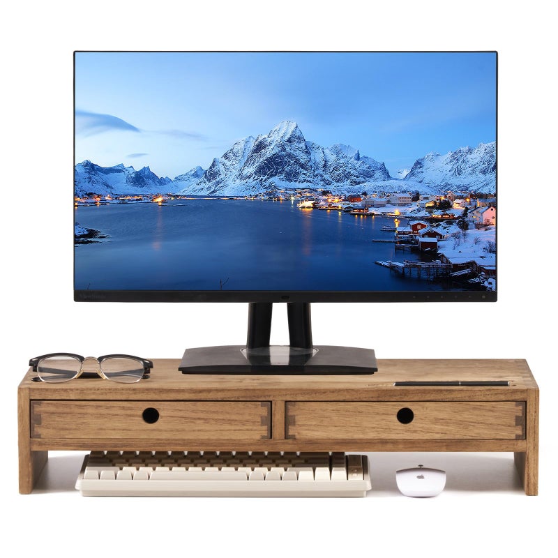 KIRIGEN Wood Monitor Stand with 2 Drawers - Computer Arm Riser Desk Storage Organizer,Speaker TV Laptop Printer Stand with Pen Slot and Cable Management,Dark Brown Desktop Shelf for Office DBR-2PMJ - Image 1