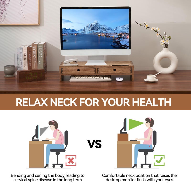 KIRIGEN Wood Monitor Stand with 2 Drawers - Computer Arm Riser Desk Storage Organizer,Speaker TV Laptop Printer Stand with Pen Slot and Cable Management,Dark Brown Desktop Shelf for Office DBR-2PMJ - Image 4
