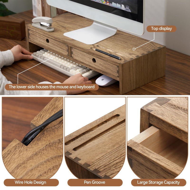 KIRIGEN Wood Monitor Stand with 2 Drawers - Computer Arm Riser Desk Storage Organizer,Speaker TV Laptop Printer Stand with Pen Slot and Cable Management,Dark Brown Desktop Shelf for Office DBR-2PMJ - Image 2
