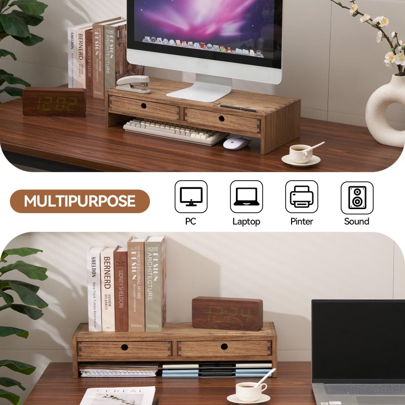 KIRIGEN Wood Monitor Stand with 2 Drawers - Computer Arm Riser Desk Storage Organizer,Speaker TV Laptop Printer Stand with Pen Slot and Cable Management,Dark Brown Desktop Shelf for Office DBR-2PMJ - Image 3