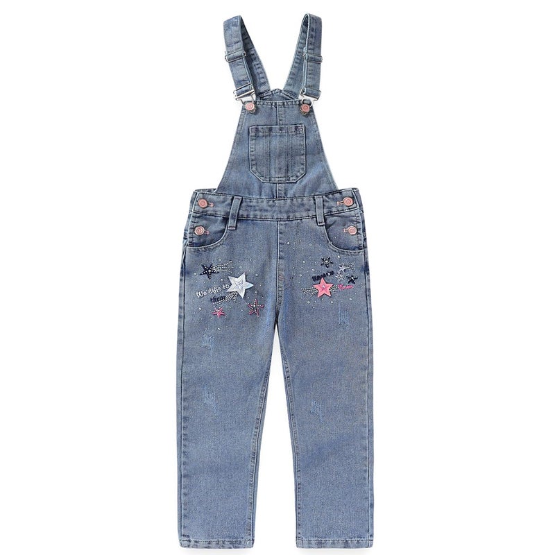 Peacolate 5-10years Little Big Girls Star Embroidery Blue Denim Overalls(9-10Years) - Image 1