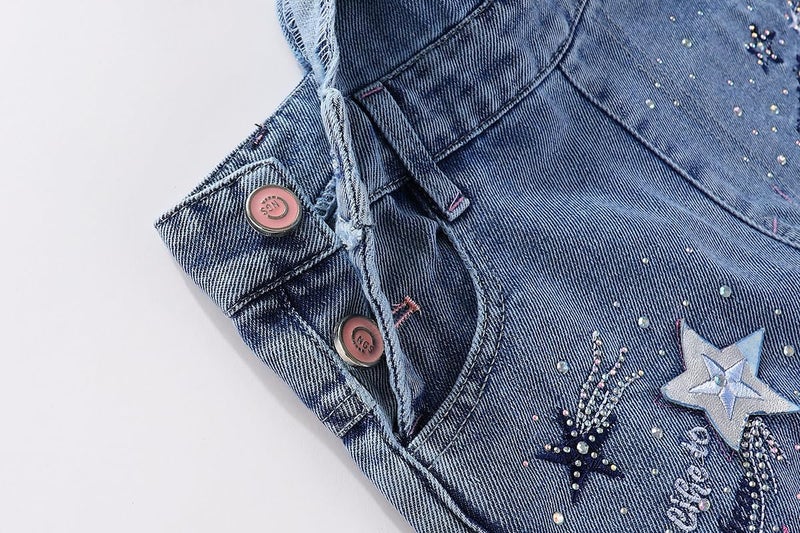 Peacolate 5-10years Little Big Girls Star Embroidery Blue Denim Overalls(9-10Years) - Image 4