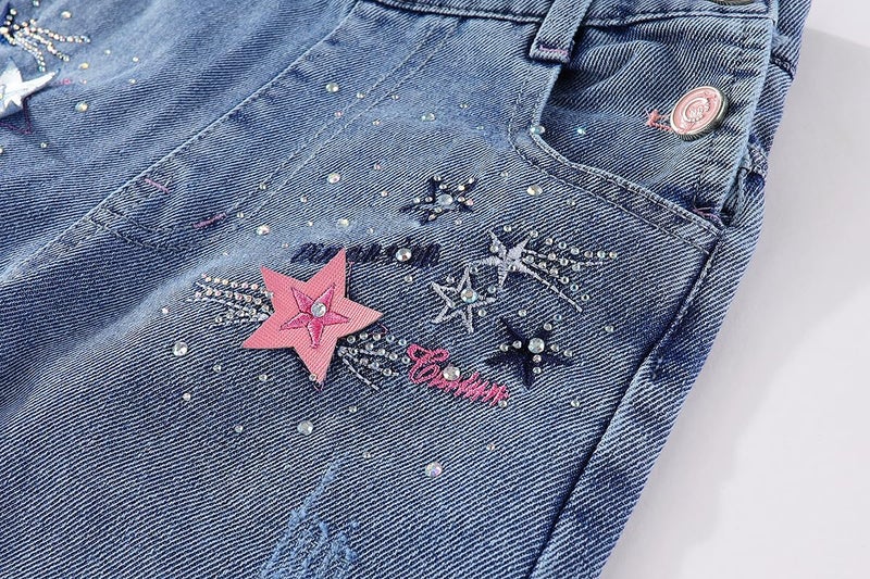 Peacolate 5-10years Little Big Girls Star Embroidery Blue Denim Overalls(9-10Years) - Image 5