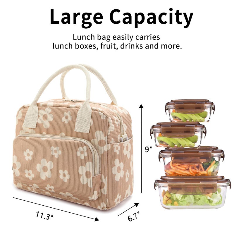 OYLOLA Lunch Bag Women Lunch Box for Women Adult Cute Insulated Lunch Bag Lager Cooler Lunch Tote Bags for Work Picnic (Brown-Flower) - Image 3
