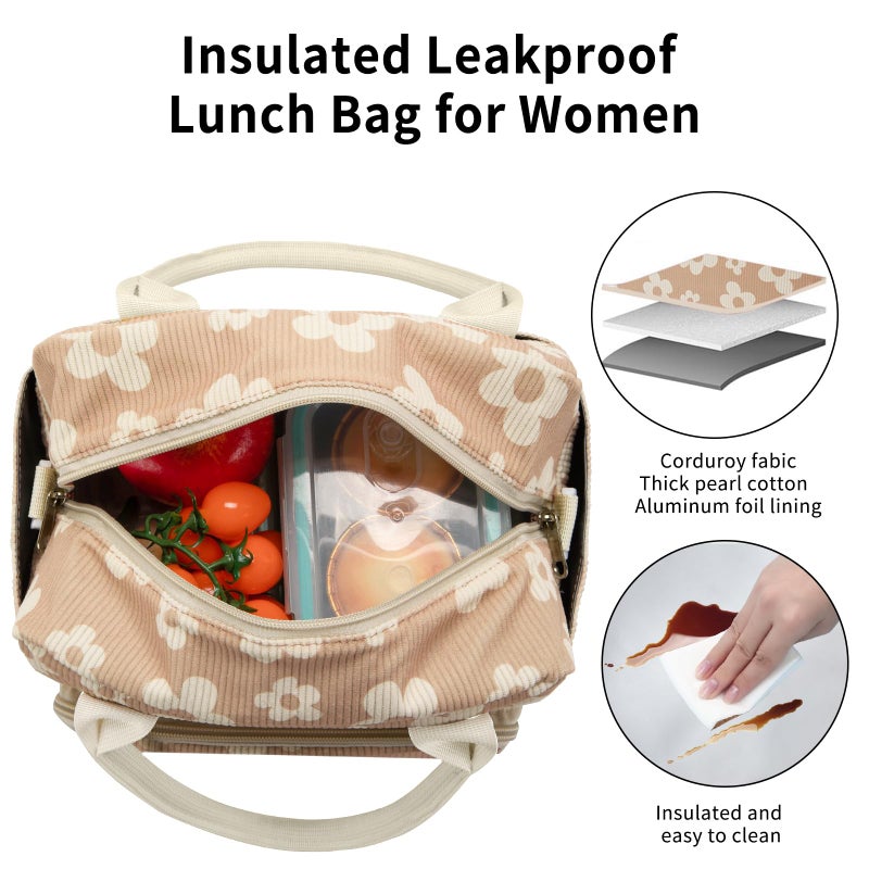 OYLOLA Lunch Bag Women Lunch Box for Women Adult Cute Insulated Lunch Bag Lager Cooler Lunch Tote Bags for Work Picnic (Brown-Flower) - Image 5