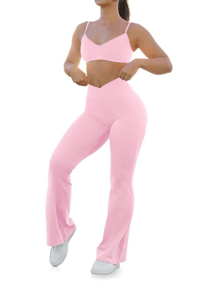 HEGALY Women's Flare Yoga Pants - Crossover Flare Leggings High Waisted Tummy Control Workout Casual Bootcut Pants, Bright Pink, L - Image 2