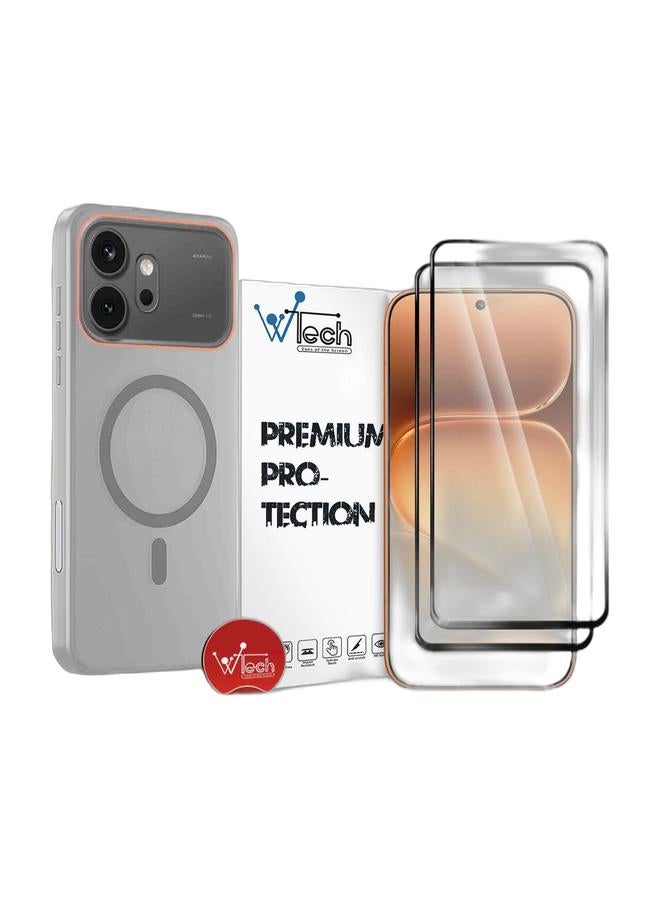 Wtech Honor 600 5G / 600 Pro 5G 2026 Hybrid Translucent Magsafe with Magnetic Charging Raised Camera Lips Elegant Look Case Cover (MCMPMN) - Grey & [2 PACK] Honor 600 5G 2026 Premium E2E Series Full Glue Full Cover Tempered Glass Screen Protector (MSGECN) - Clear/Black Bundle - Image 1