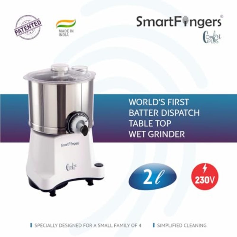 Table top wet grinder for kitchen use, stainless steel and granite stones, white, 2L capacity with 2 stone grinding for smooth batter - Image 2